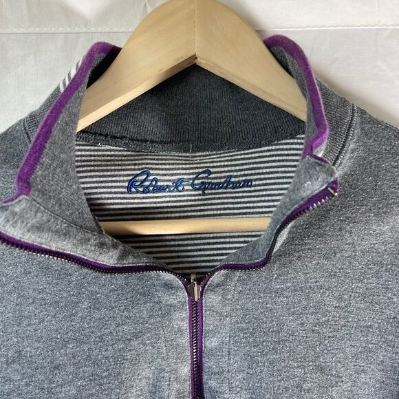 Robert Graham Grey Stripe Trim Quarter Zip Sweater Sz XL - Picture 3 of 9